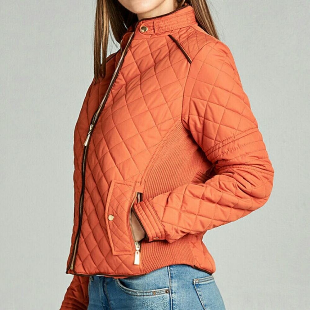 Quilted Sunset Coral-Orange Zip-Up Jacket